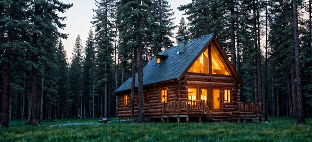 A log cabin with warmly lit windows in a pine forest at dusk