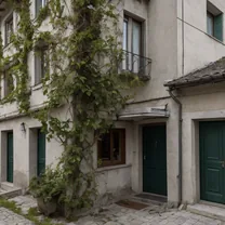 A stucco village building with dark green doors and climbing vines above a cobblestone street
