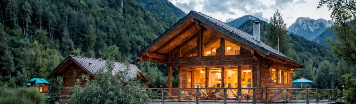 A wooden chalet built on stilts over a turquoise mountain river, its windows lit at dusk